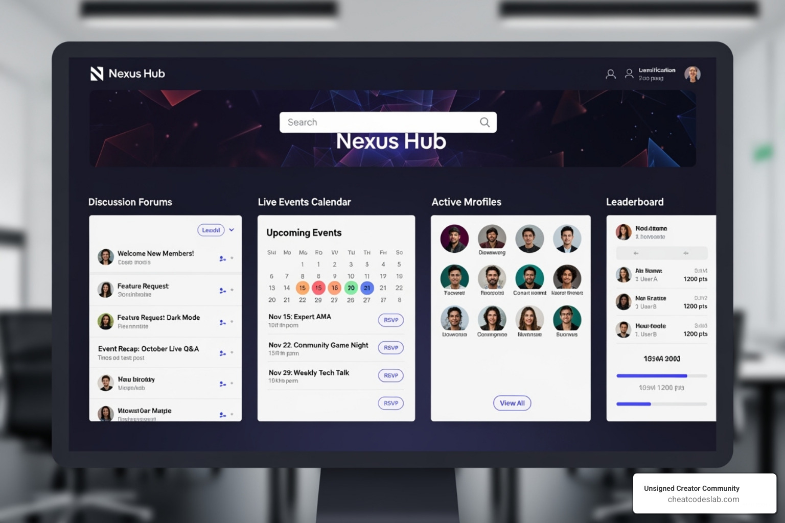 A community dashboard showing sections for discussion forums, upcoming live events, member profiles, and a gamification leaderboard - creator community platform