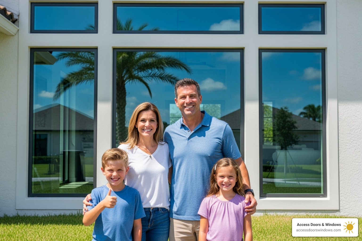 Happy family in front of new hurricane impact windows - window and door companies near me