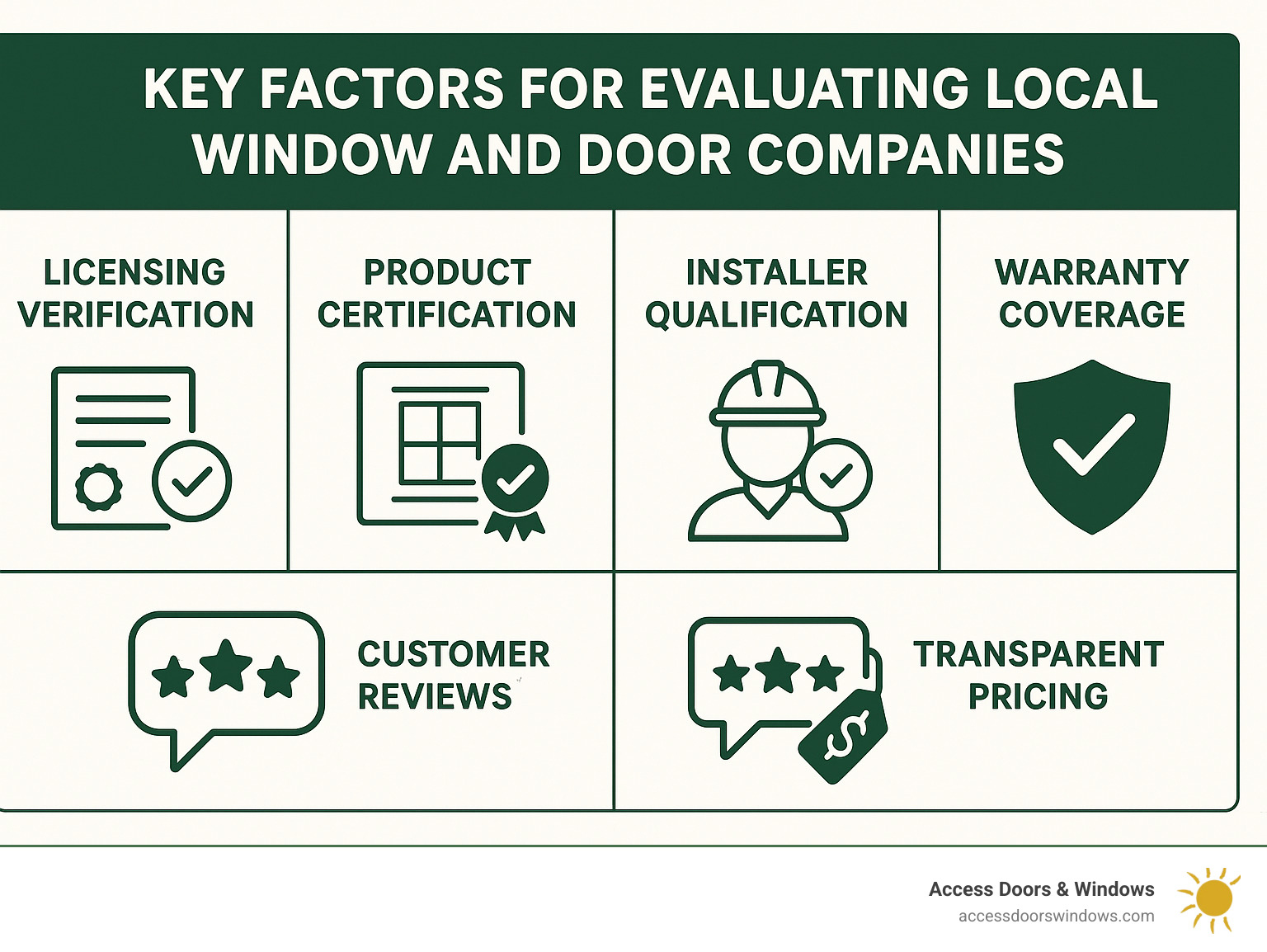 Detailed comparison chart showing key factors for evaluating local window and door companies including licensing verification steps, product certification requirements, installer qualification standards, warranty coverage types, customer review sources, and pricing transparency indicators - window and door companies near me infographic 