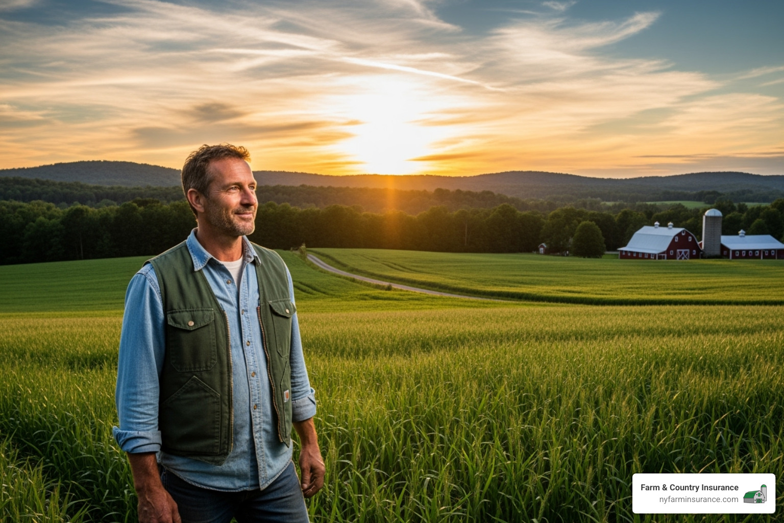 a confident New York farmer looking over their fields - small farm product liability insurance a confident New York farmer looking over their fields - small farm product liability insurance
