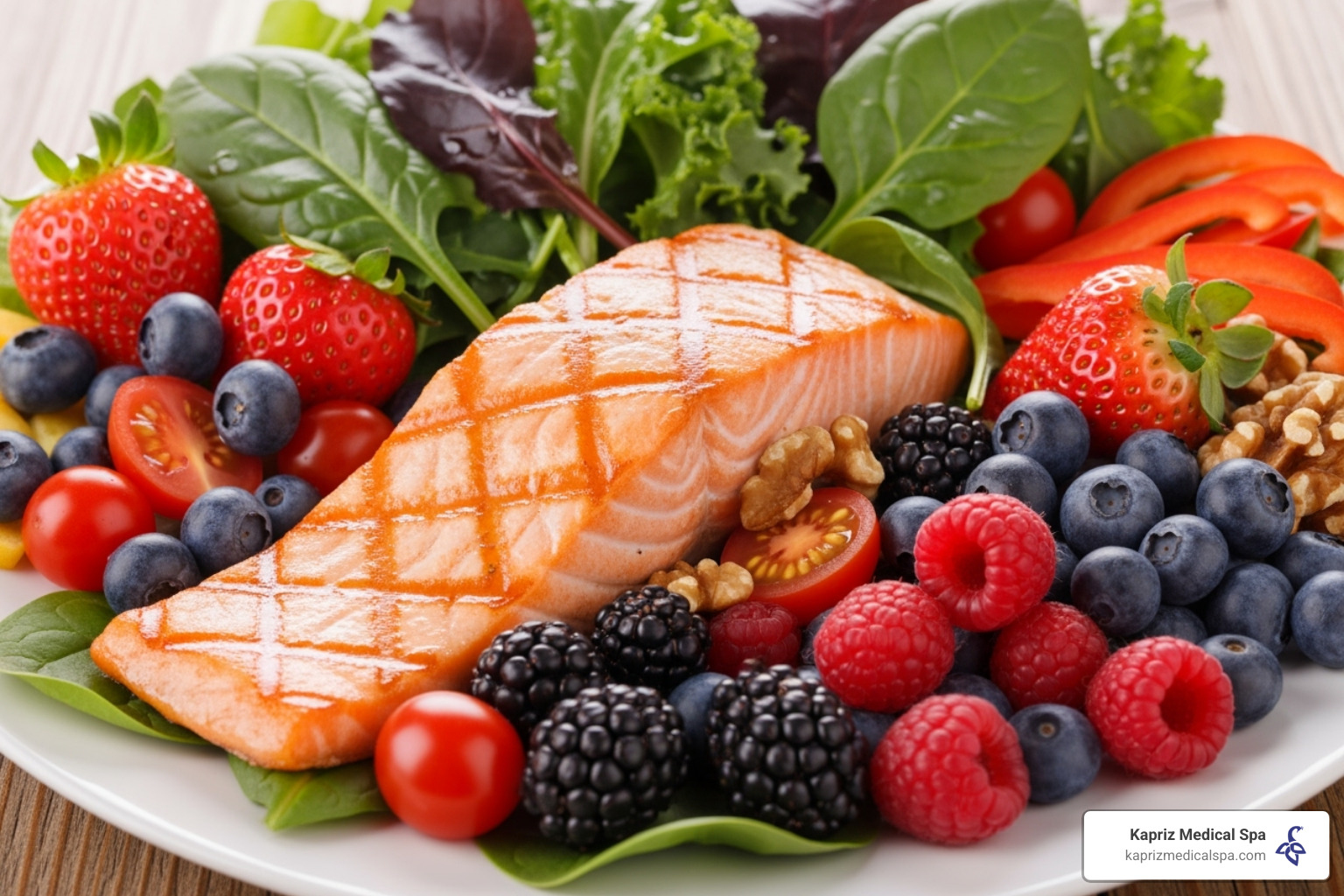 a colorful plate of antioxidant-rich foods like berries, leafy greens, and salmon - Natural wrinkle reduction