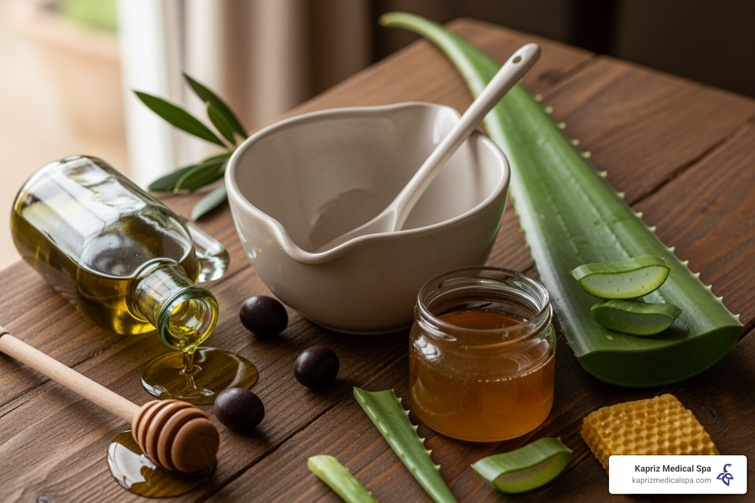 natural ingredients like aloe vera, honey, and olive oil next to a mixing bowl - Natural wrinkle reduction