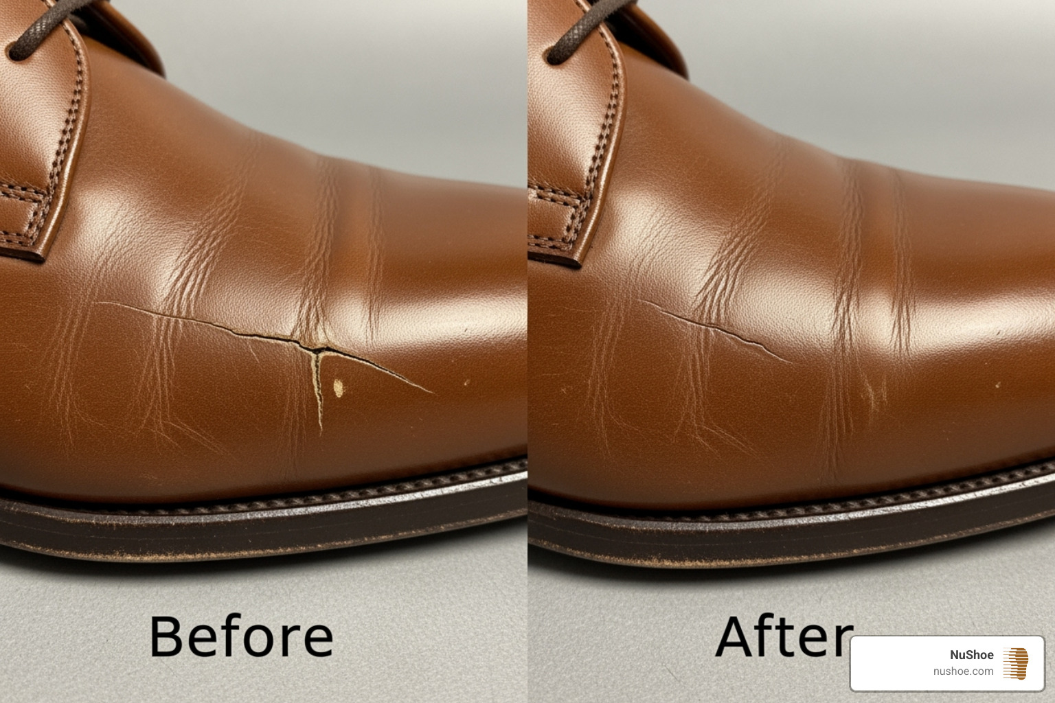before-and-after of a minor crack repair on a shoe - keep leather from cracking before-and-after of a minor crack repair on a shoe - keep leather from cracking