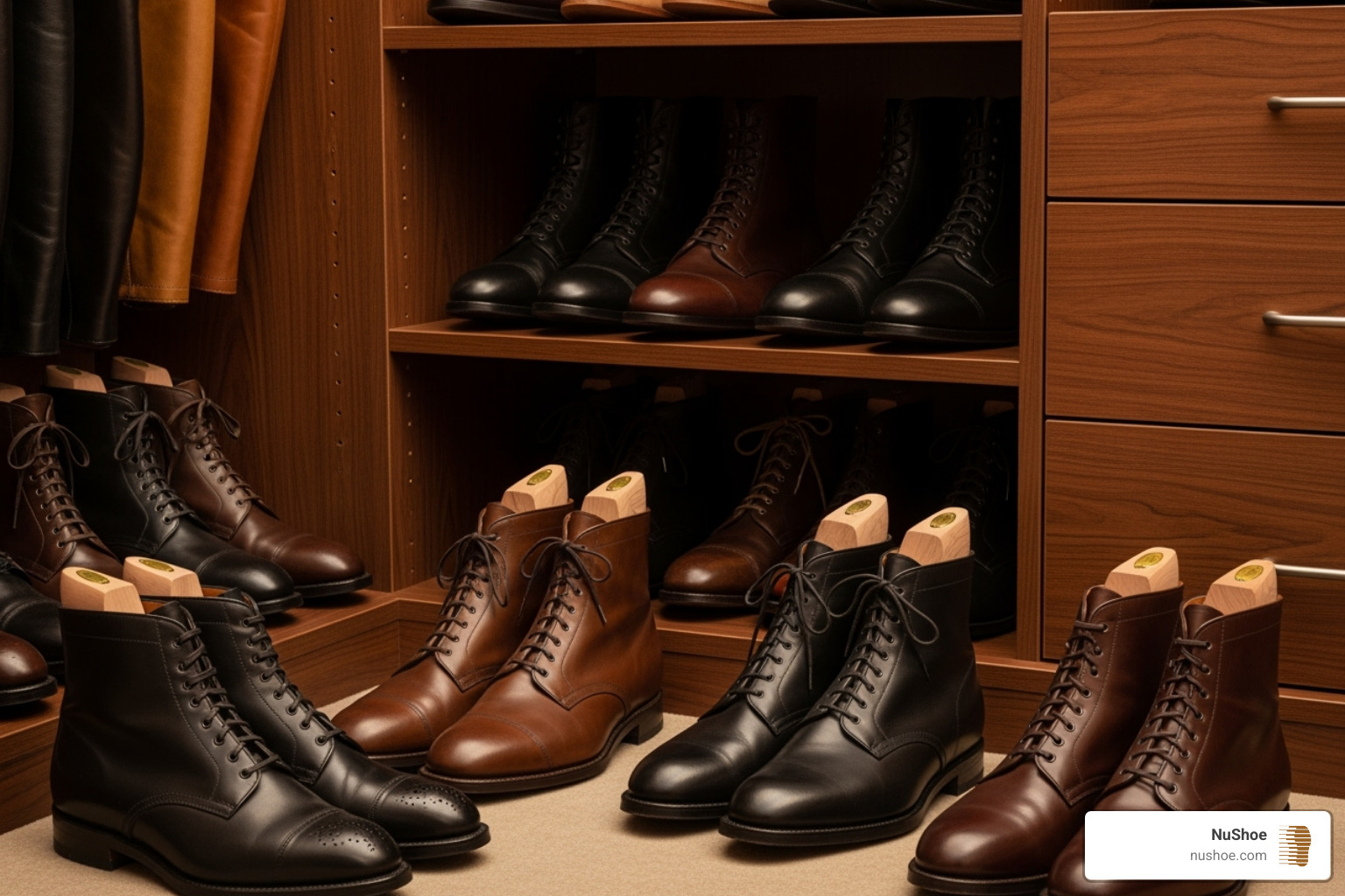 leather boots stored correctly with cedar shoe trees in a closet - keep leather from cracking leather boots stored correctly with cedar shoe trees in a closet - keep leather from cracking