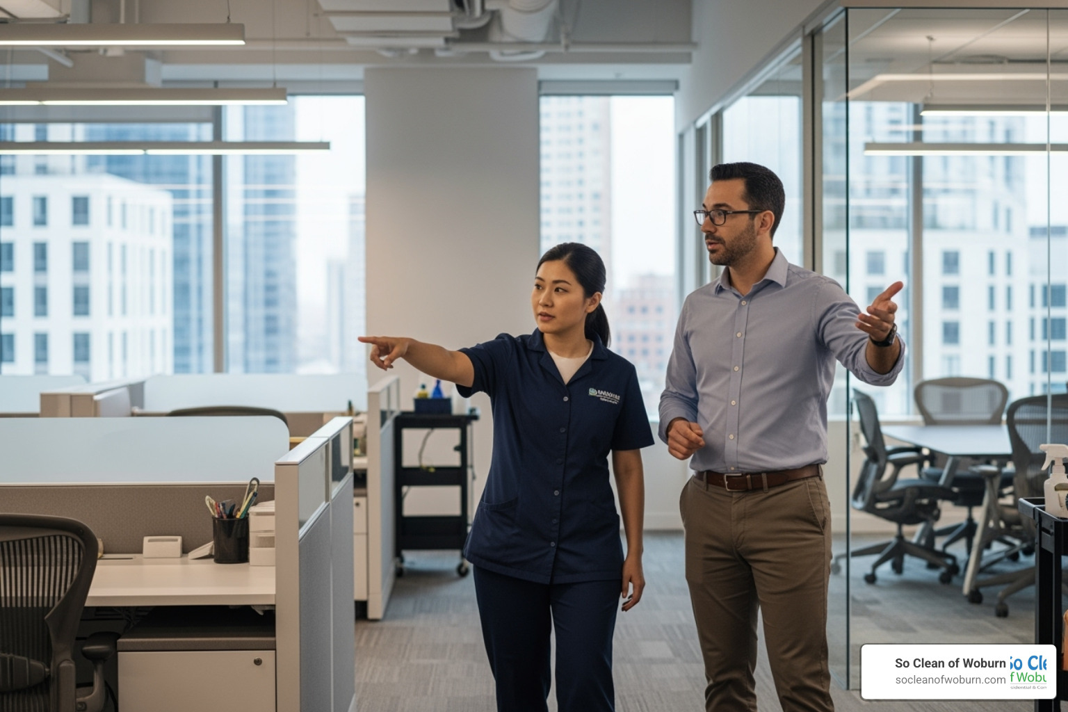 cleaning professional conducting an on-site walkthrough with a facility manager - janitorial companies near me cleaning professional conducting an on-site walkthrough with a facility manager - janitorial companies near me