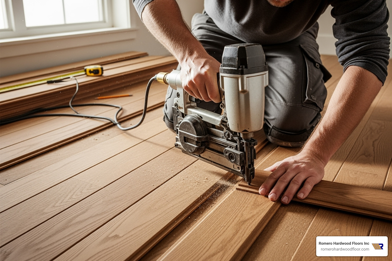 Professional installer using a floor nailer - Hardwood floor buying guide