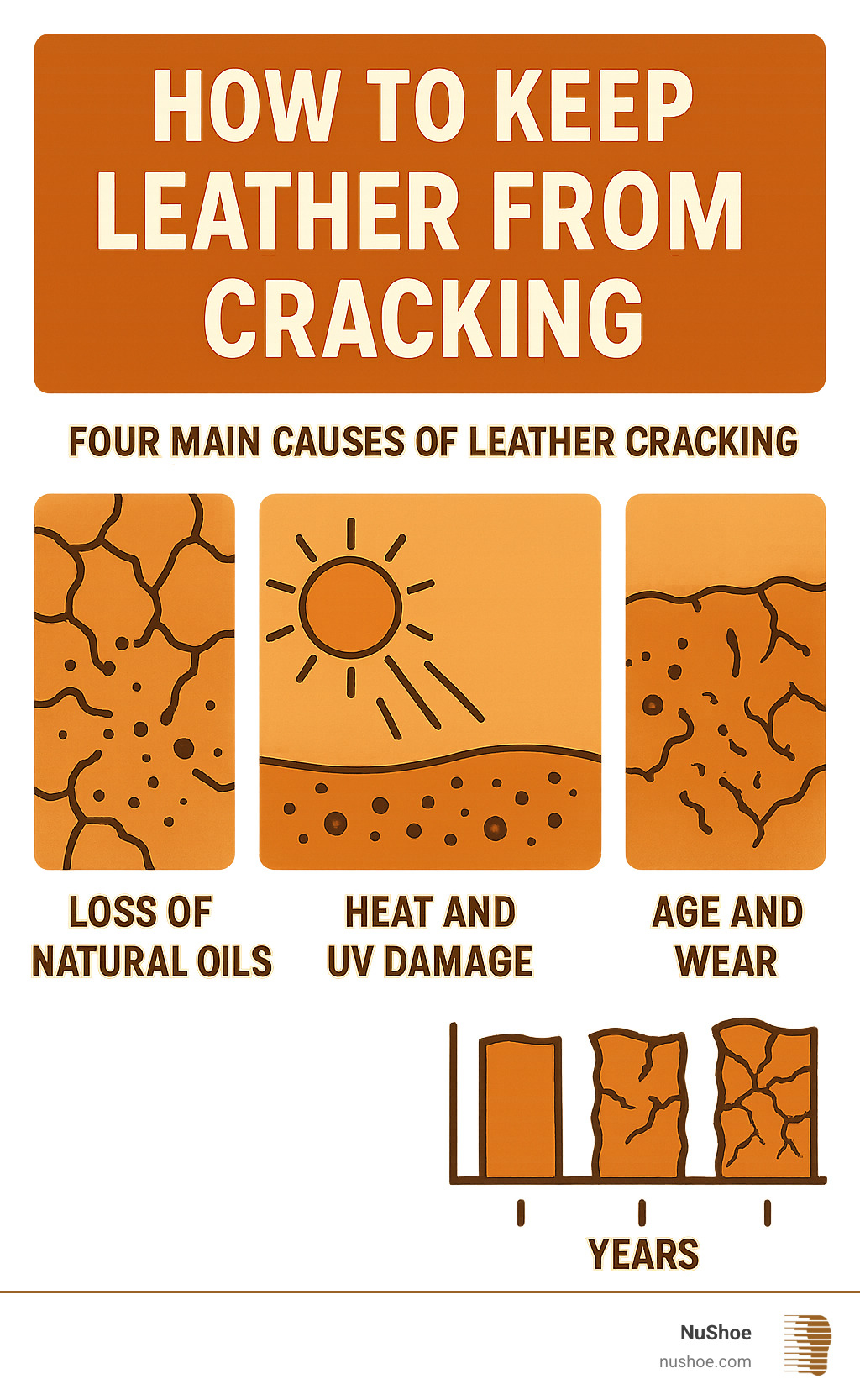 Infographic showing the four main causes of leather cracking: Loss of Natural Oils (showing dried leather fibers), Heat and UV Damage (sun rays hitting leather), Dirt and Abrasive Buildup (particles in leather pores), and Age and Wear (timeline showing leather deterioration over years) - keep leather from cracking infographic Infographic showing the four main causes of leather cracking: Loss of Natural Oils (showing dried leather fibers), Heat and UV Damage (sun rays hitting leather), Dirt and Abrasive Buildup (particles in leather pores), and Age and Wear (timeline showing leather deterioration over years) - keep leather from cracking infographic