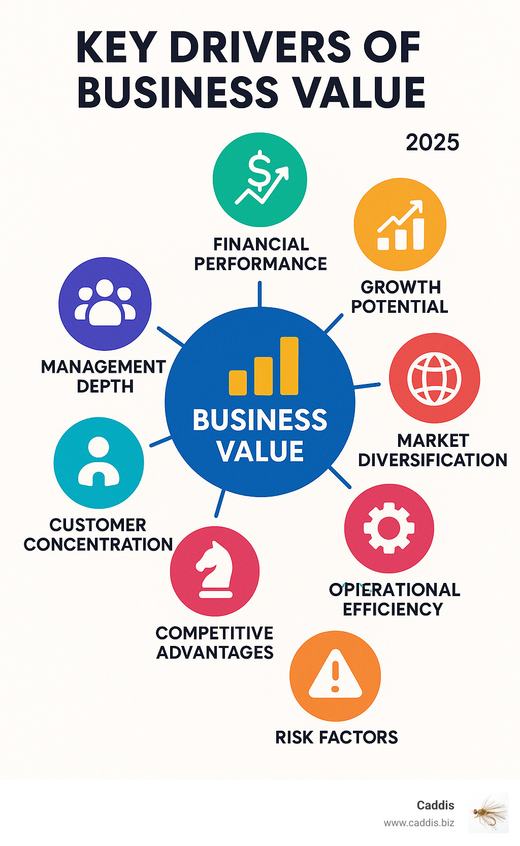 Infographic showing the 8 key drivers of business value: financial performance, growth potential, market diversification, operational efficiency, management depth, customer concentration, competitive advantages, and risk factors - business value improvement services infographic 