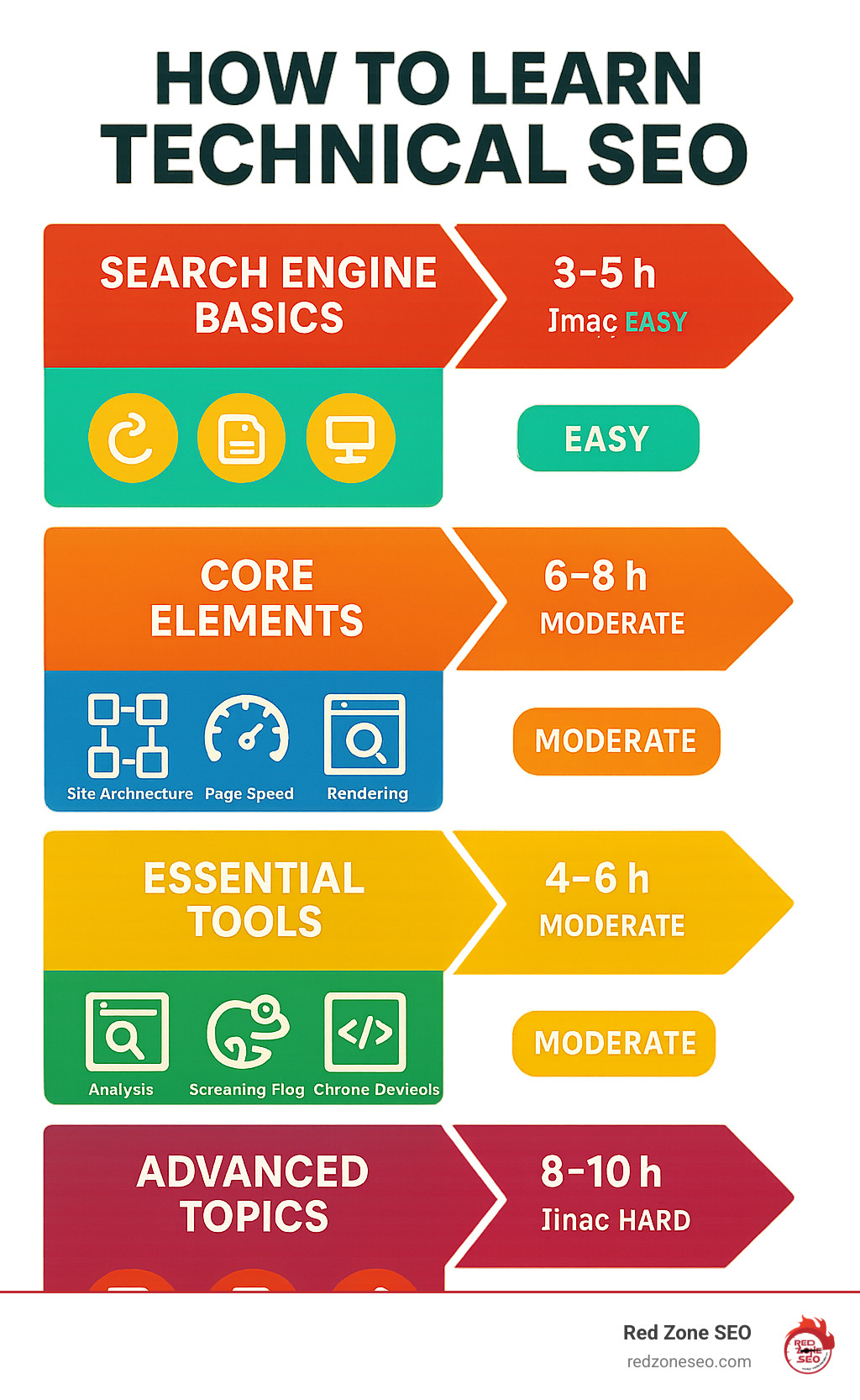 Comprehensive infographic showing the technical SEO learning pathway: starting with search engine basics (crawling, indexing, rendering), moving through core elements (site architecture, page speed, mobile optimization), essential tools (Google Search Console, Screaming Frog, Chrome DevTools), and ending with advanced topics (JavaScript SEO, structured data, collaboration with developers). Each section shows estimated learning time and difficulty level. - how to learn technical seo infographic 