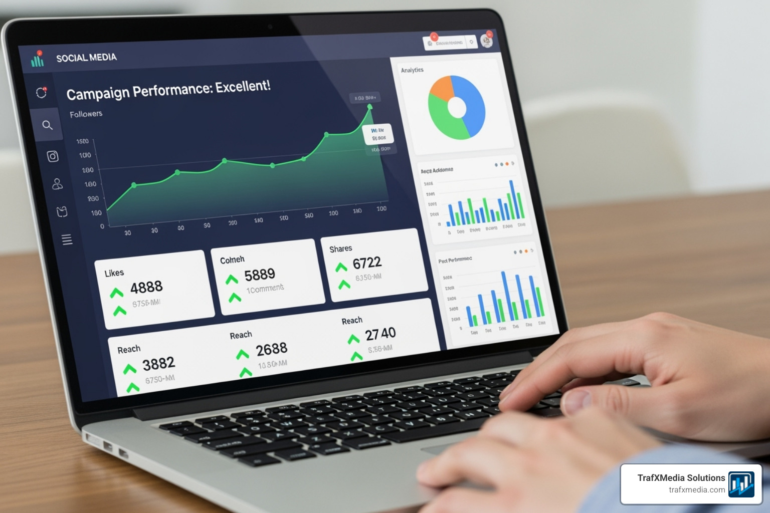 A social media dashboard on a laptop screen showing positive engagement metrics and analytics charts, with a Caucasian hand on the keyboard. - San Francisco social media agency