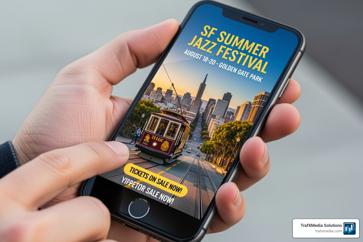 A smartphone screen showing a hyper-targeted ad for a local San Francisco event, held by a Caucasian hand. - San Francisco social media agency