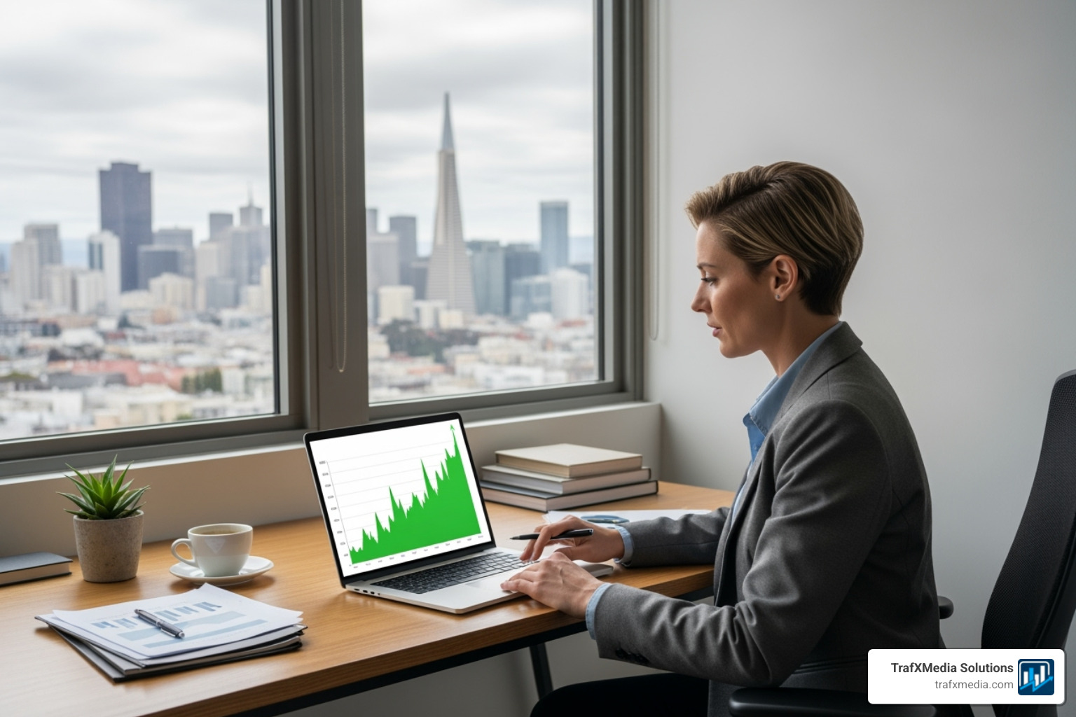 A confident Caucasian business owner looking at a laptop displaying a positive growth chart in their SF office. - San Francisco social media agency