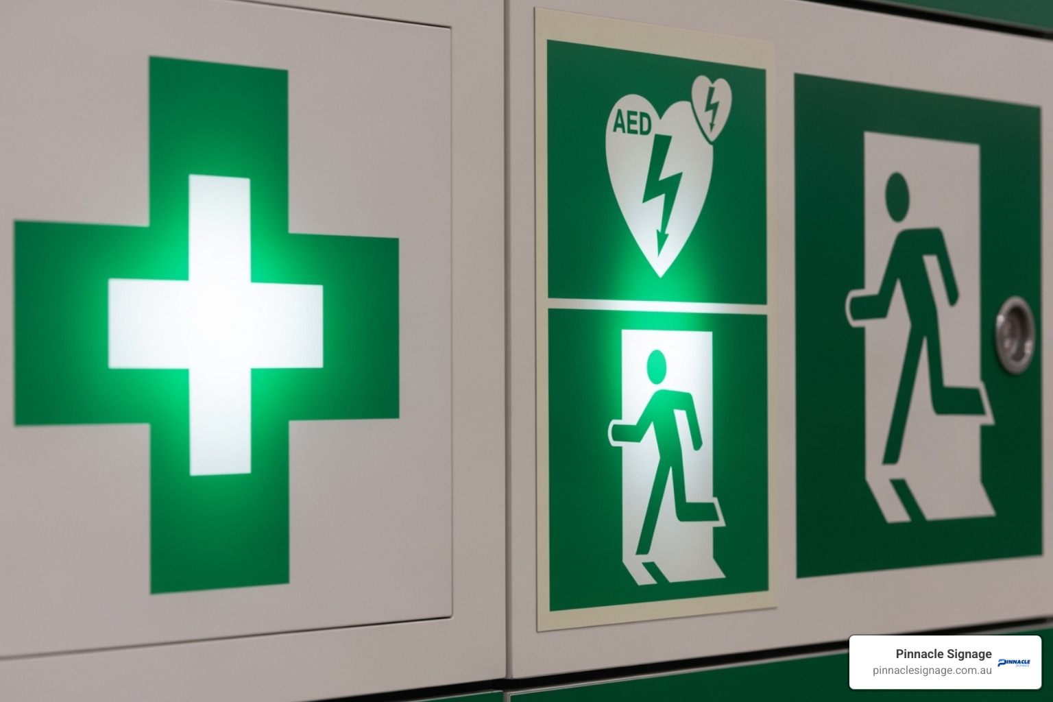 A collection of common first aid and related safety symbols including the green cross, AED, and emergency exit signs - first aid signs Australia