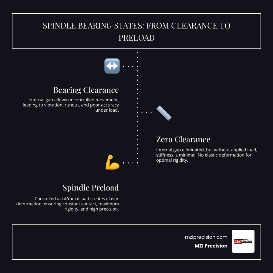 Detailed infographic showing the progression from bearing clearance to zero clearance to preload, illustrating how internal clearance affects rolling element contact with races, the elastic deformation that occurs with preload, and the resulting benefits of increased rigidity and accuracy in industrial manufacturing spindles - Spindle bearing preload infographic infographic-line-3-steps-dark Detailed infographic showing the progression from bearing clearance to zero clearance to preload, illustrating how internal clearance affects rolling element contact with races, the elastic deformation that occurs with preload, and the resulting benefits of increased rigidity and accuracy in industrial manufacturing spindles - Spindle bearing preload infographic infographic-line-3-steps-dark