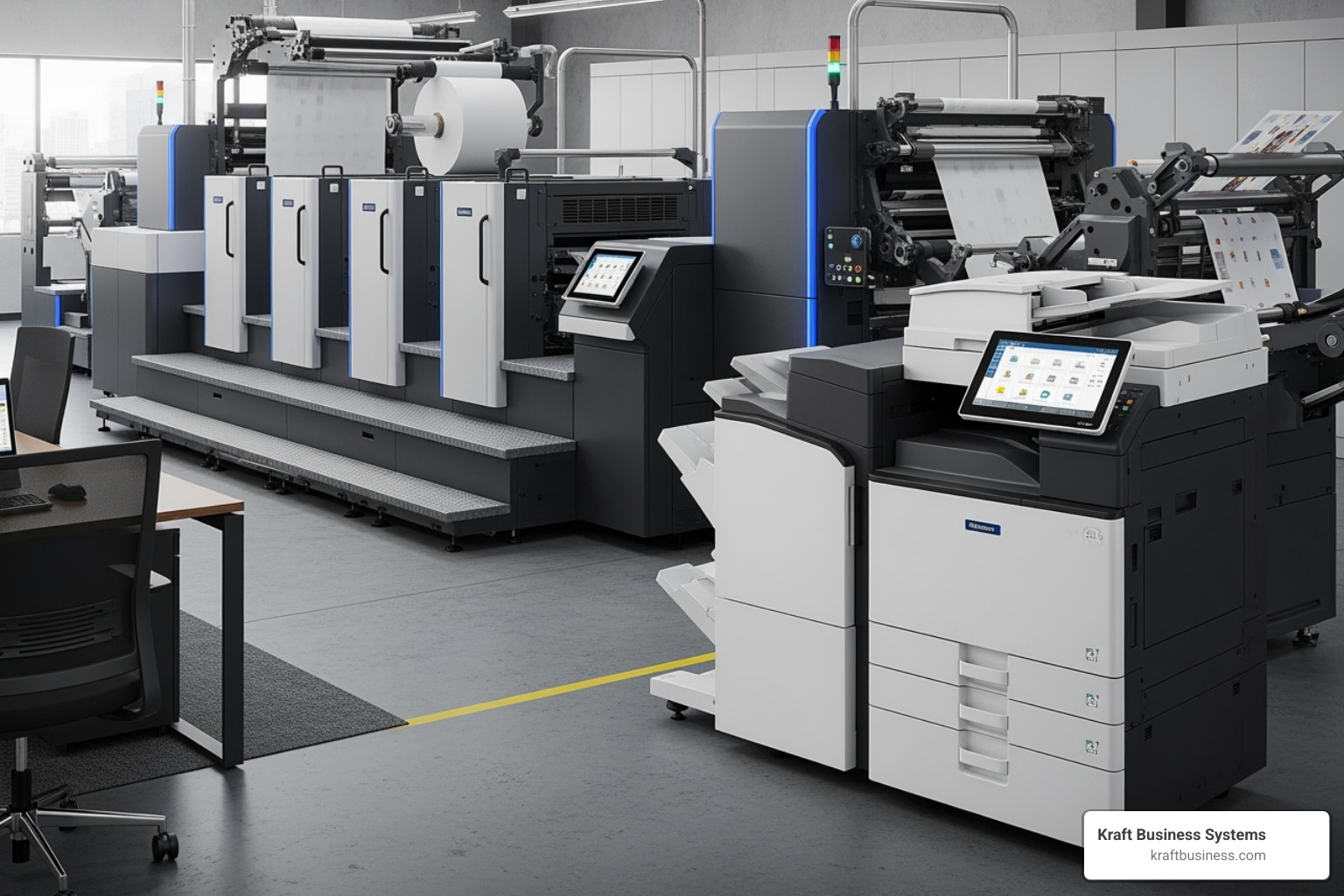 different types of commercial printers like a large MFP and a production press - commercial printers for lease