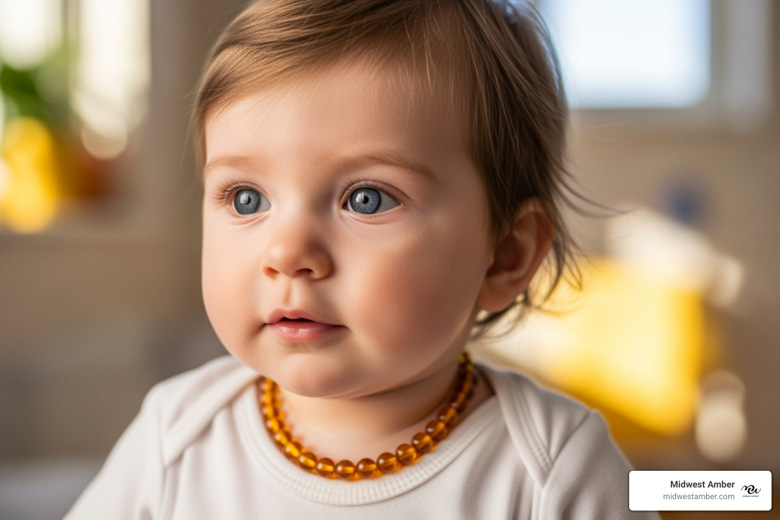 Image of a baby with a parent, both smiling, with no jewelry or teething products visible - Baltic amber necklace