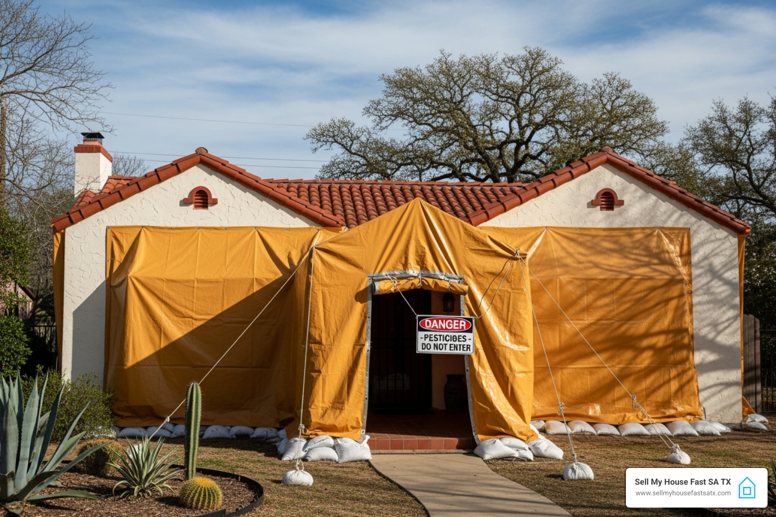 House tented for termite fumigation in San Antonio - can you sell a house with termite damage House tented for termite fumigation in San Antonio - can you sell a house with termite damage