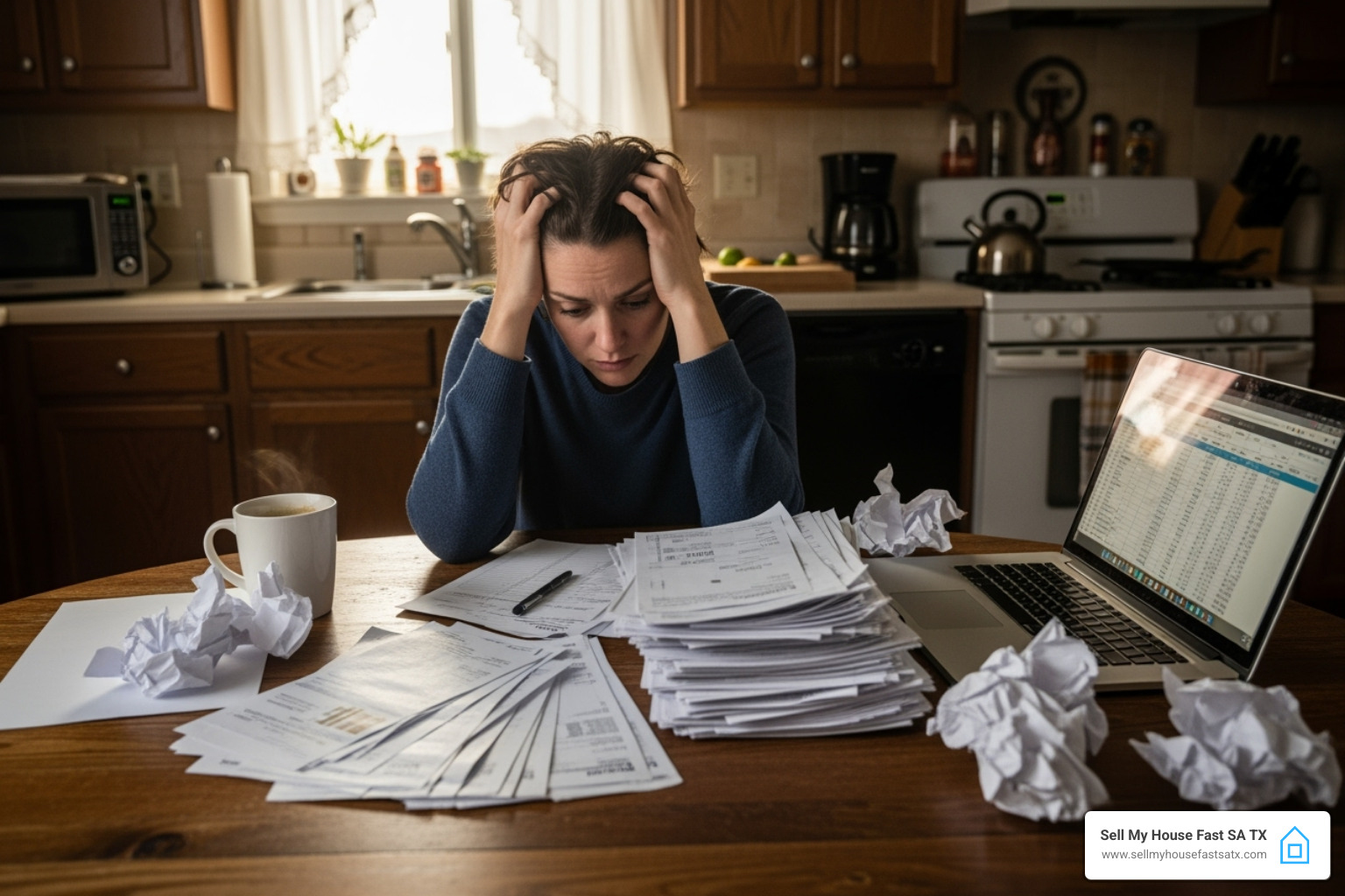 Stressed San Antonio homeowner reviewing repair bills - can you sell a house with termite damage Stressed San Antonio homeowner reviewing repair bills - can you sell a house with termite damage