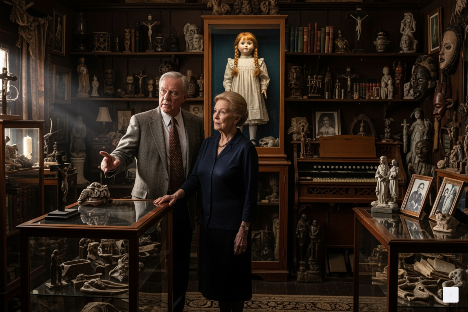 Ed and Lorraine Warren in their Occult Museum - Annabelle Doll