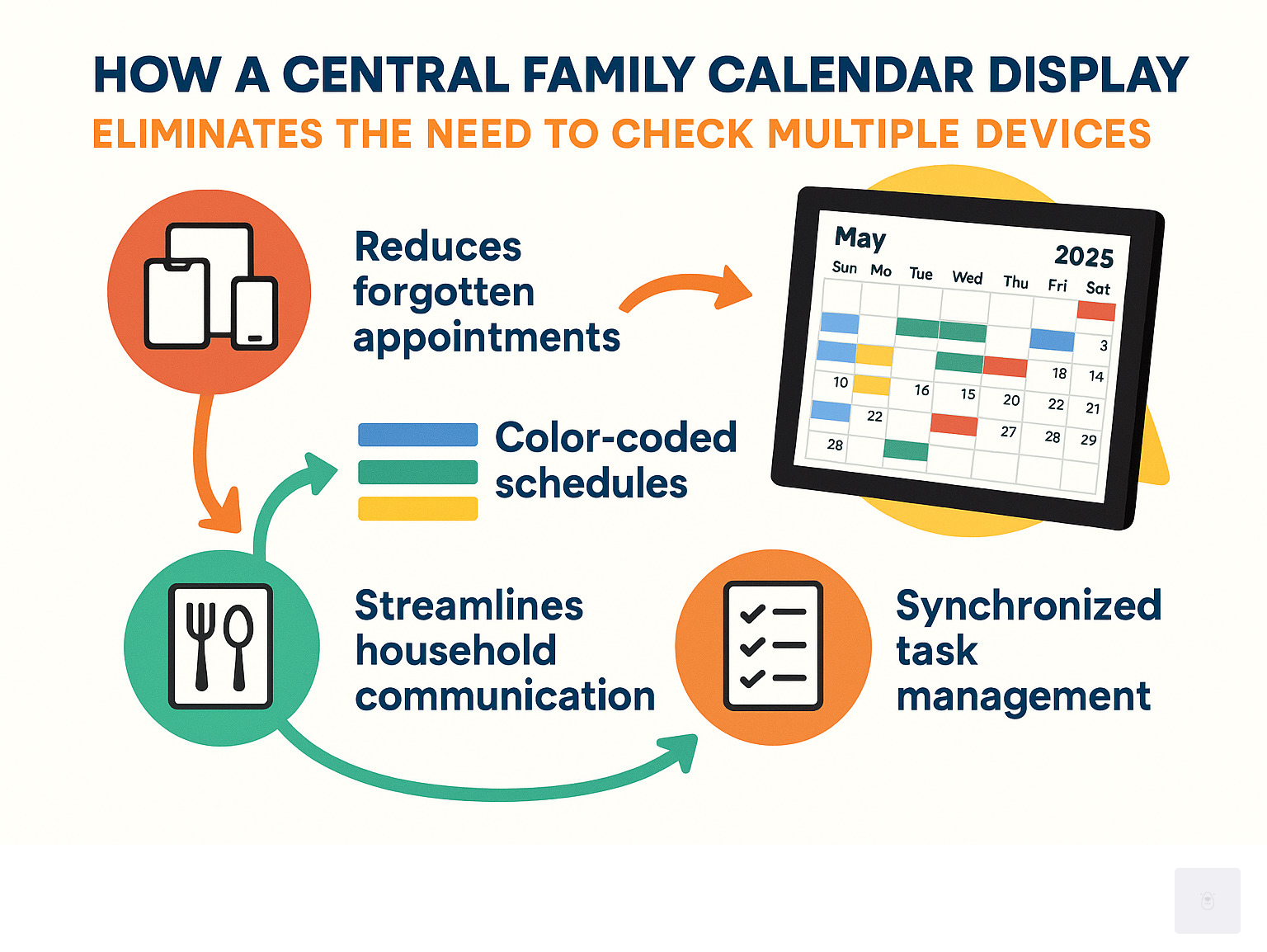 Infographic showing how a central family calendar display eliminates the need to check multiple devices, reduces forgotten appointments, and streamlines household communication through color-coded schedules, shared meal planning, and synchronized task management - skylight calendar infographic 