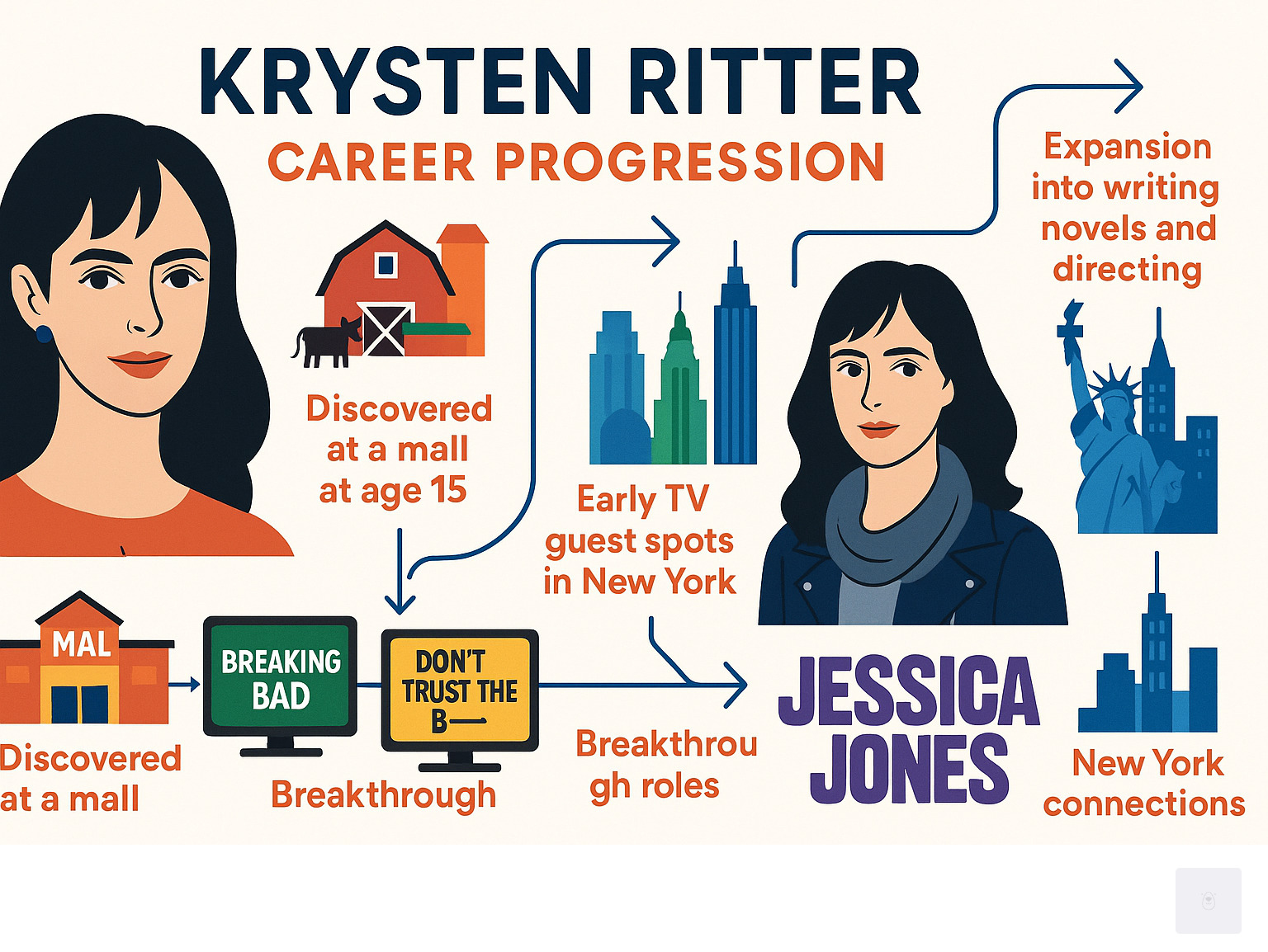 Infographic showing Krysten Ritter's career progression from Pennsylvania farm girl to mall-finded model at age 15, through early TV guest spots in New York, breakthrough roles in Breaking Bad and Don't Trust the B----, to her career-defining Jessica Jones role, plus her expansion into writing novels and directing, highlighting her New York City connections and multifaceted artistic evolution - Krysten Ritter infographic 