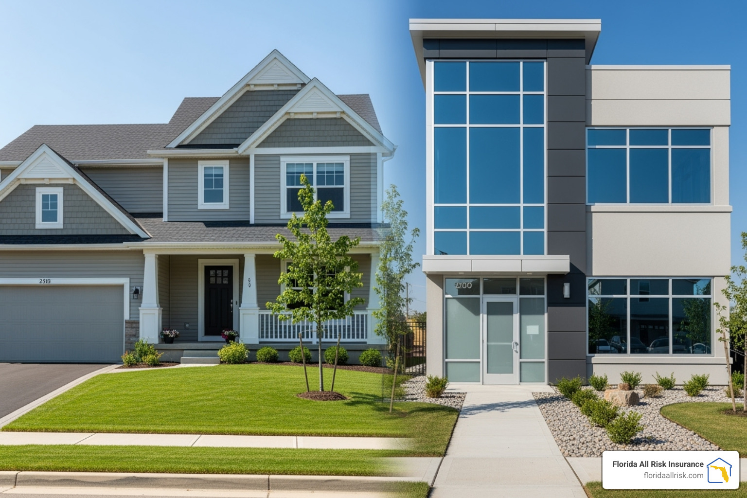 Side-by-side comparison of a single-family home and a small commercial office building - commercial and residential building insurance