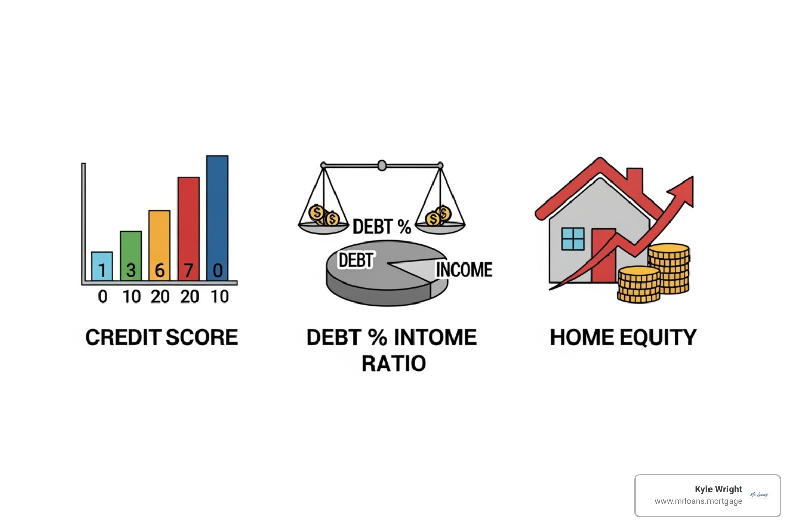 Checklist with icons for credit score, DTI, and equity - cash out refinance to buy vacation home