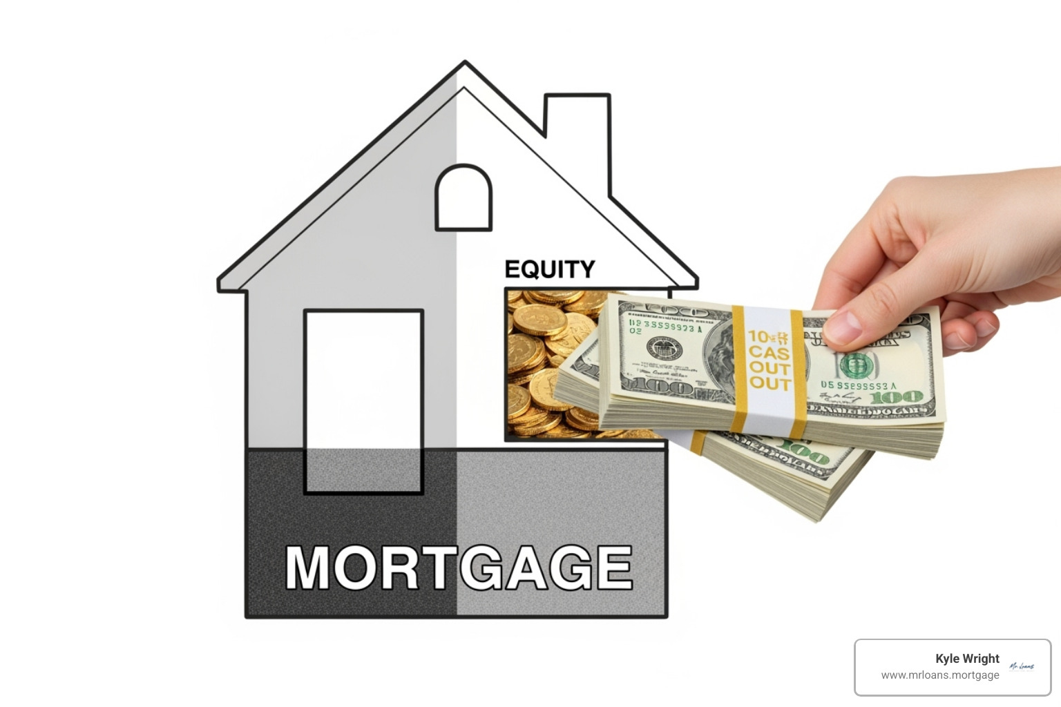 Diagram showing home value, current mortgage, equity, and the cash-out amount - cash out refinance to buy vacation home