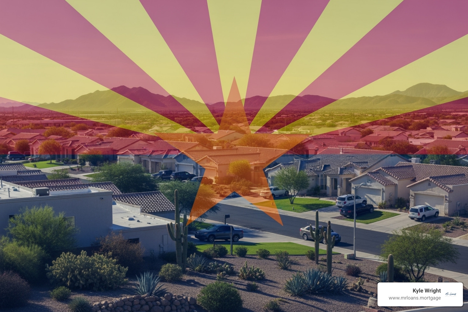 IMAGE of the Arizona state flag superimposed over a neighborhood of houses - Mortgage Lenders Arizona