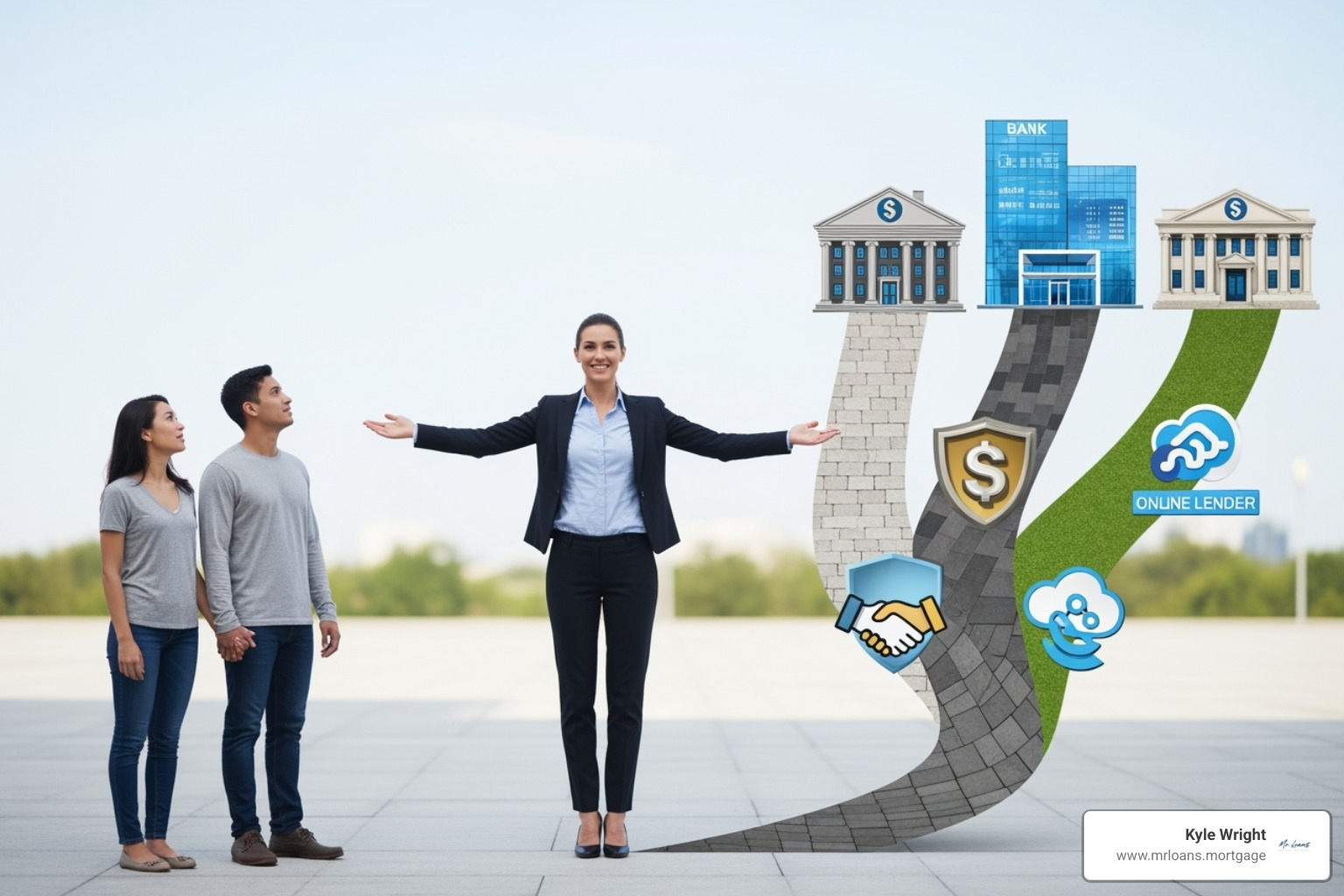 Image illustrating a mortgage broker connecting a homebuyer with various lenders, showing different paths and options - Mortgage Lenders Arizona