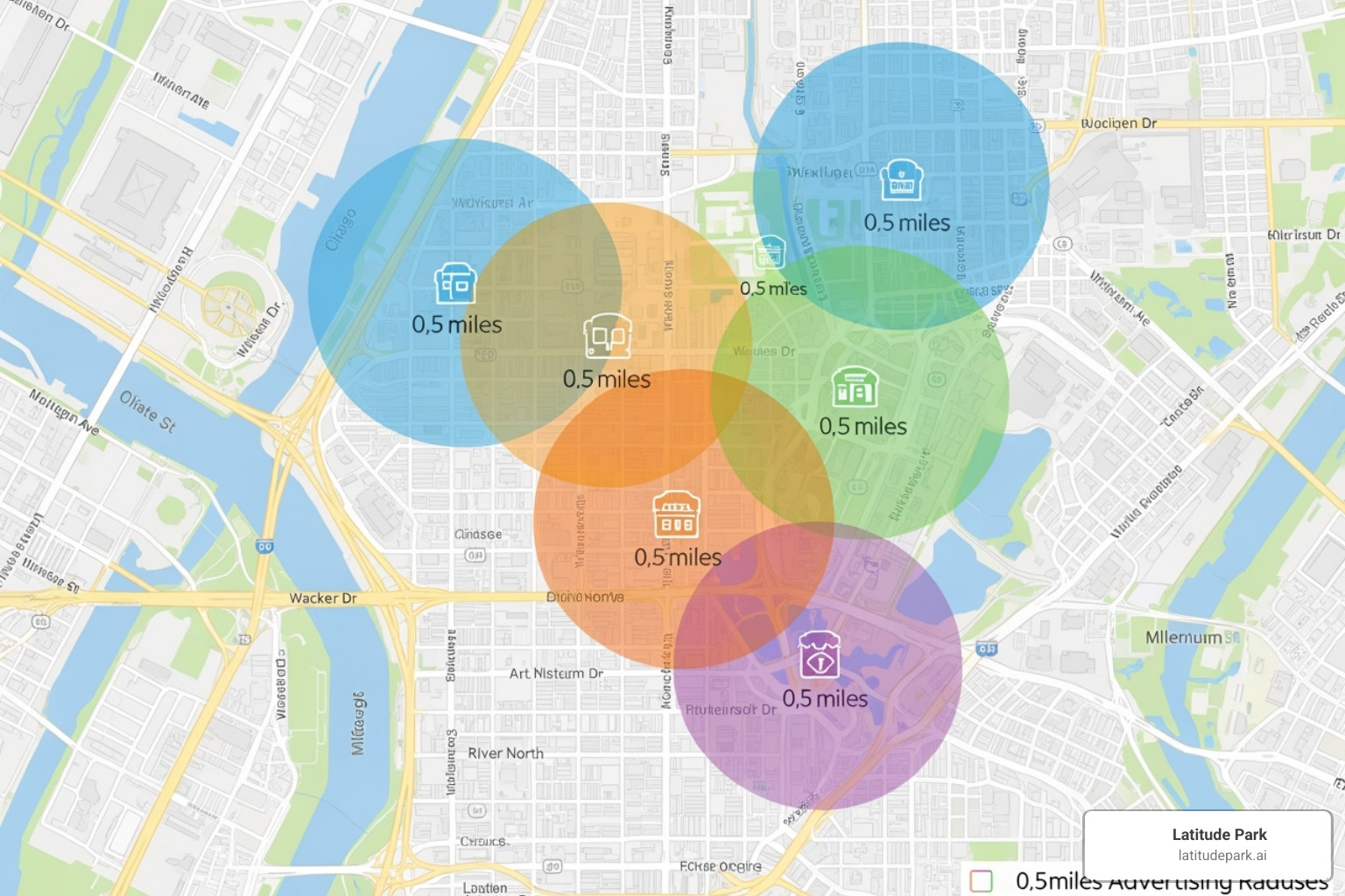 map with multiple targeted radiuses around different franchise locations - franchise facebook ads