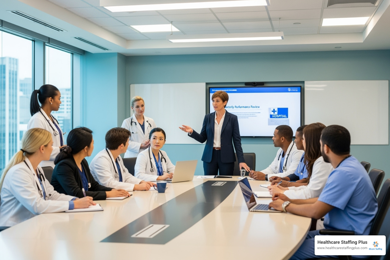diverse team of healthcare professionals in a meeting led by an administrator - administrative officer in hospital