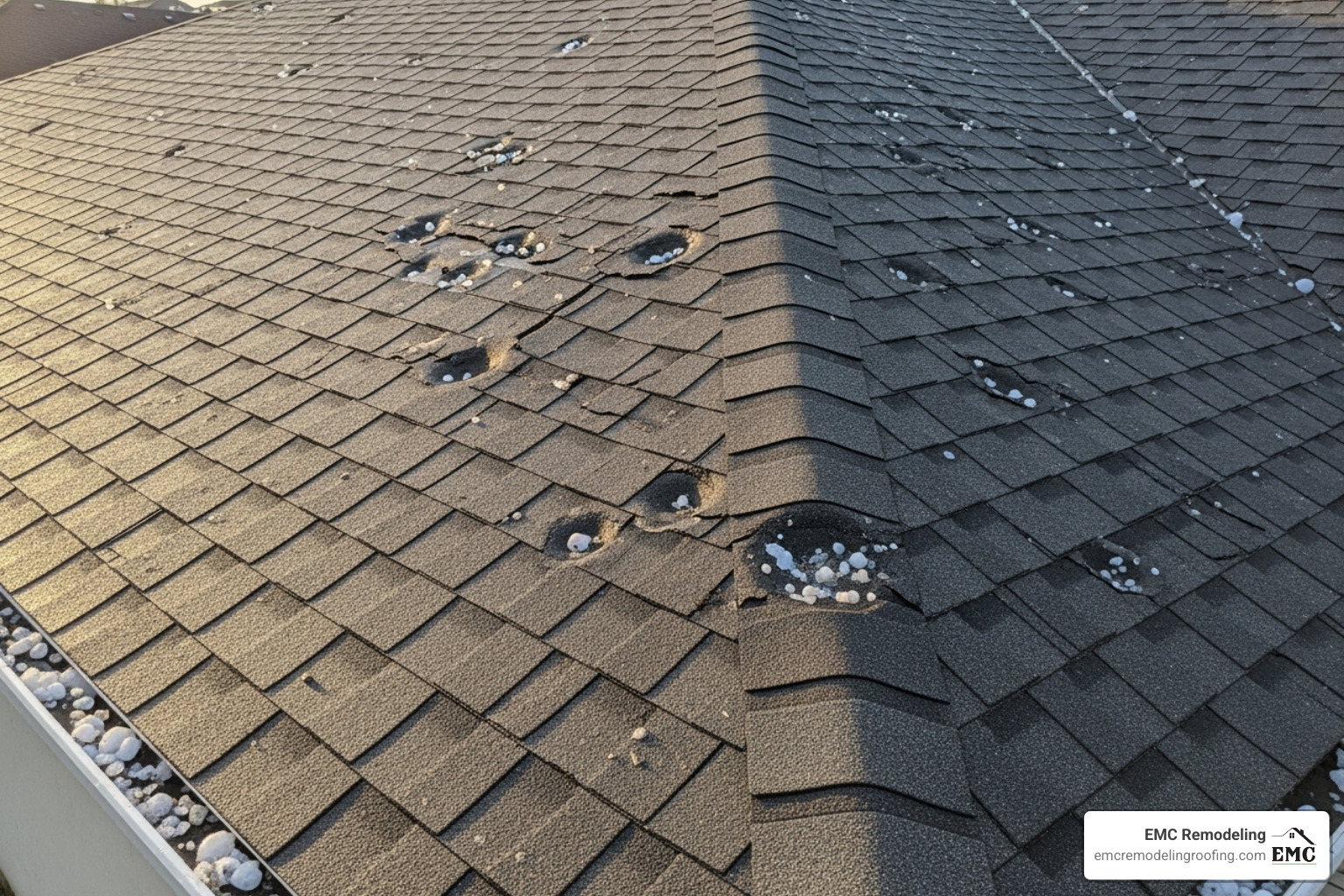 hail damage on an asphalt shingle roof - emergency roof repair