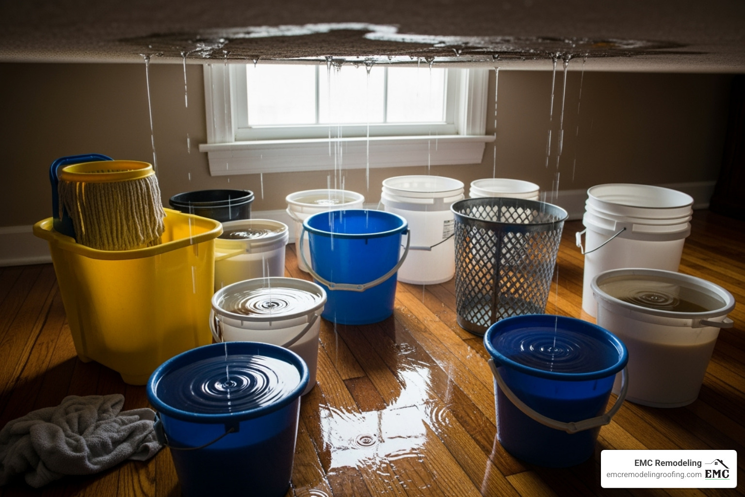 buckets catching water inside a home - emergency roof repair