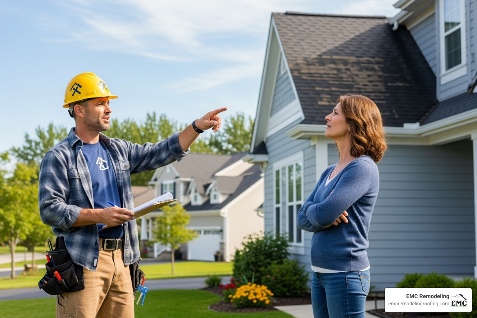 roofer and homeowner discussing a project - roofer in temple tx