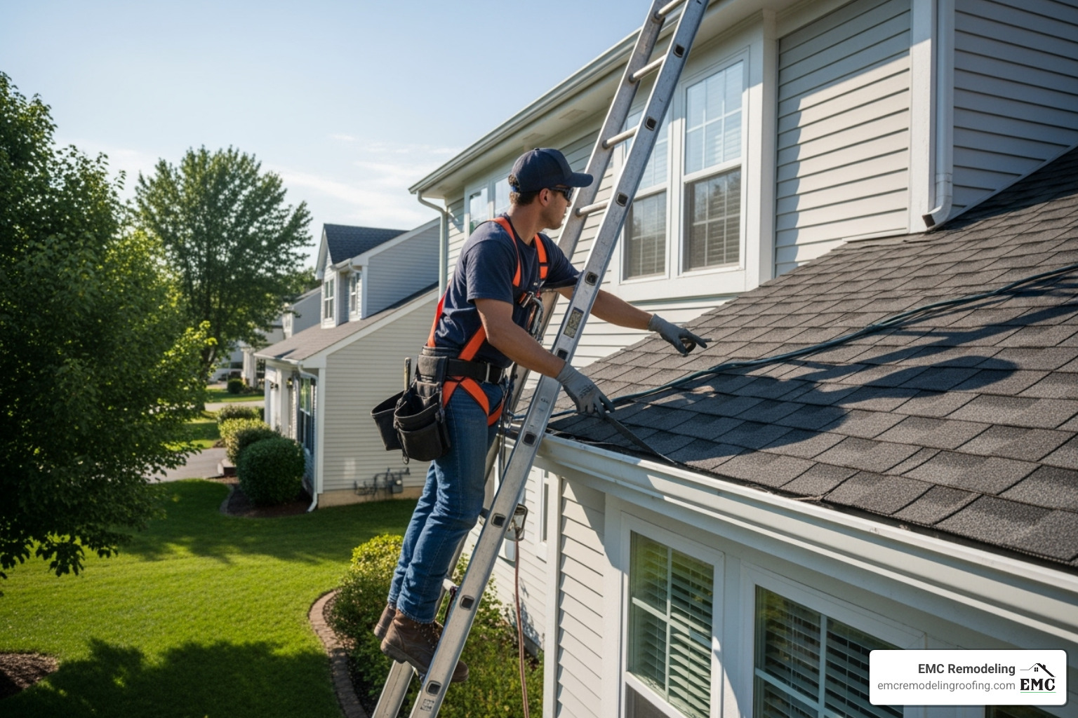 roofer on a ladder inspecting a roof - roofer in temple tx