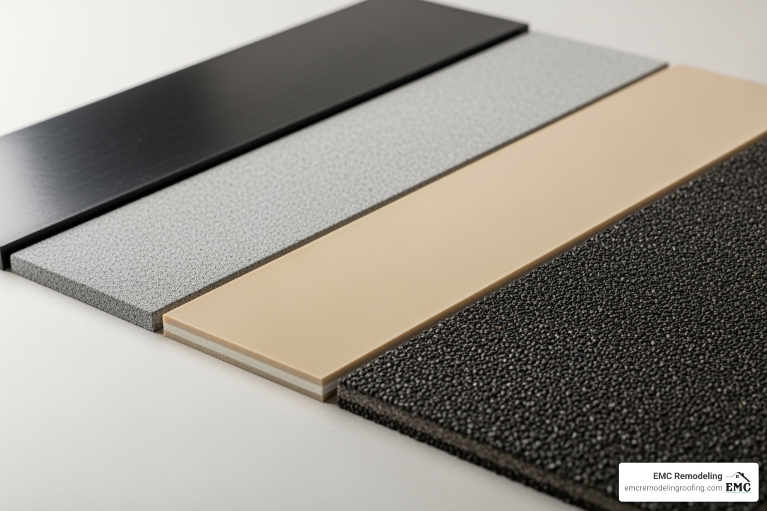 Different flat roofing material samples including EPDM, TPO, PVC, and Modified Bitumen - flat roof repair