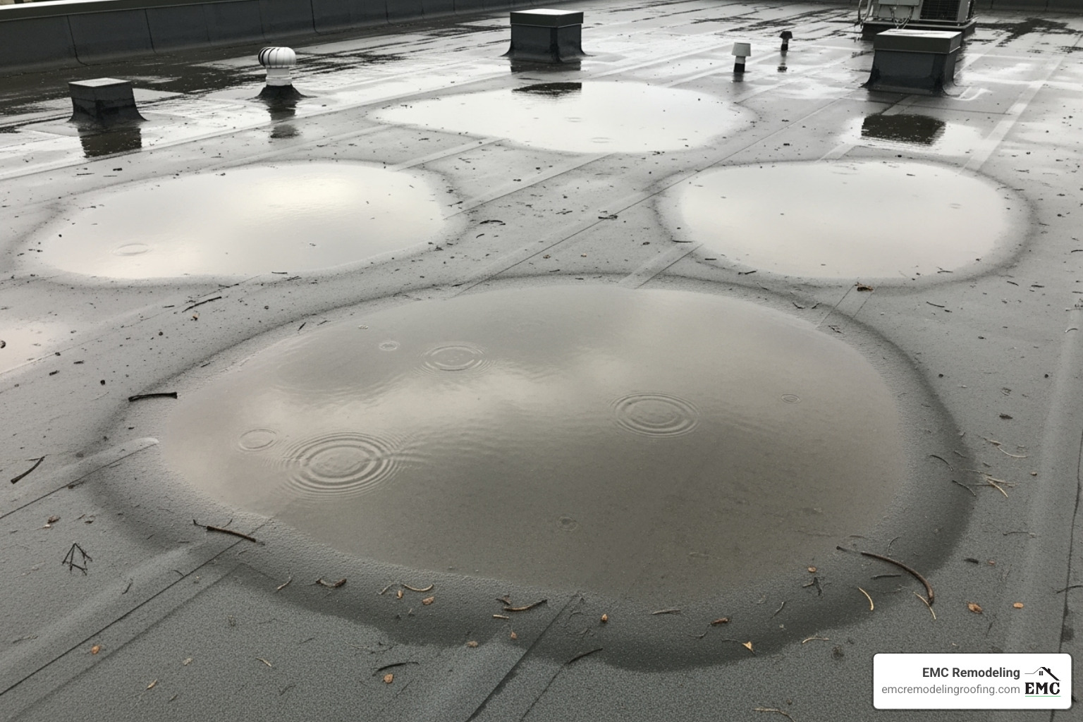 Clear example of pooling water on a flat roof after rainfall - flat roof repair