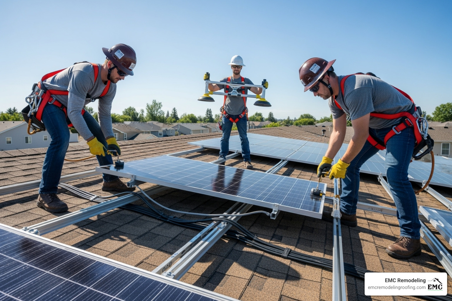 professionals carefully detaching a solar panel from its racking - remove solar panels to replace roof