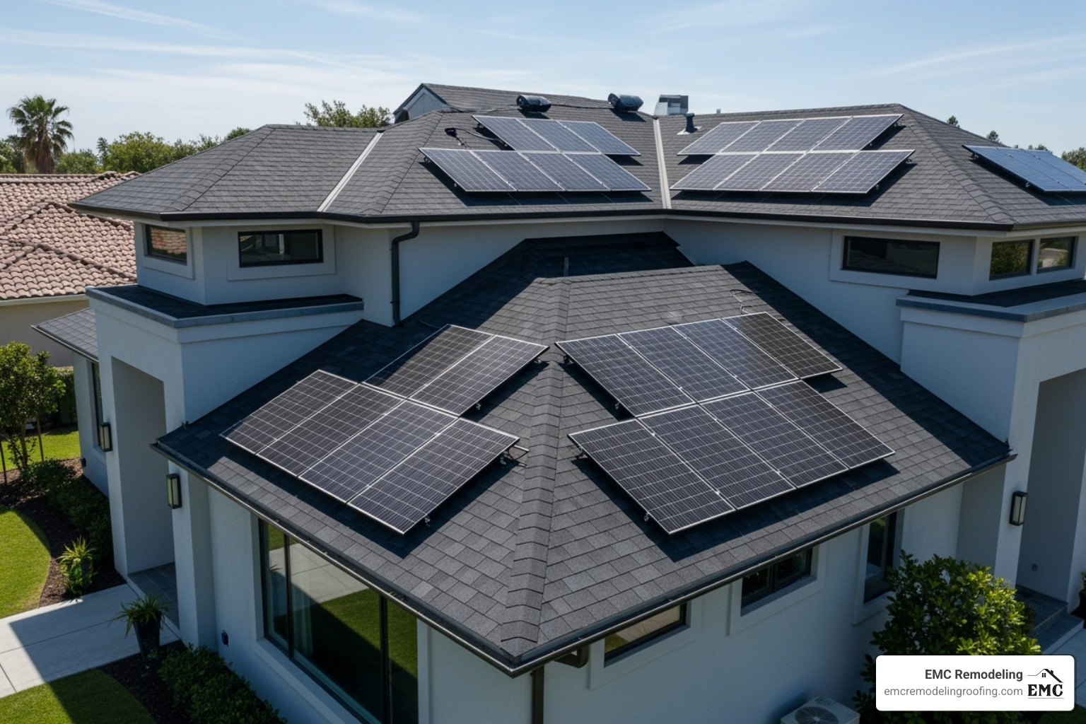 beautiful, newly installed roof with pristine solar panels reinstalled - remove solar panels to replace roof