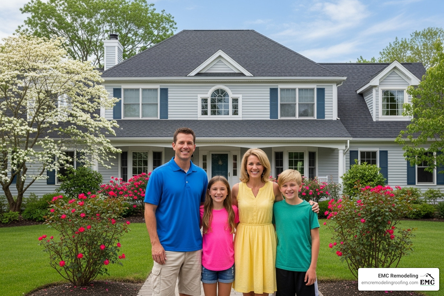 Family standing in front of their well-maintained home with a healthy roof - flat roof repair