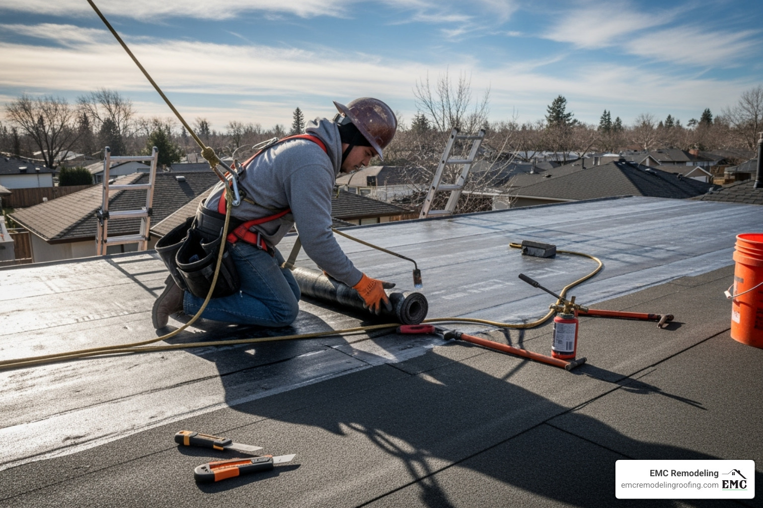 Roofer safely working on a flat roof with proper safety gear - flat roof repair