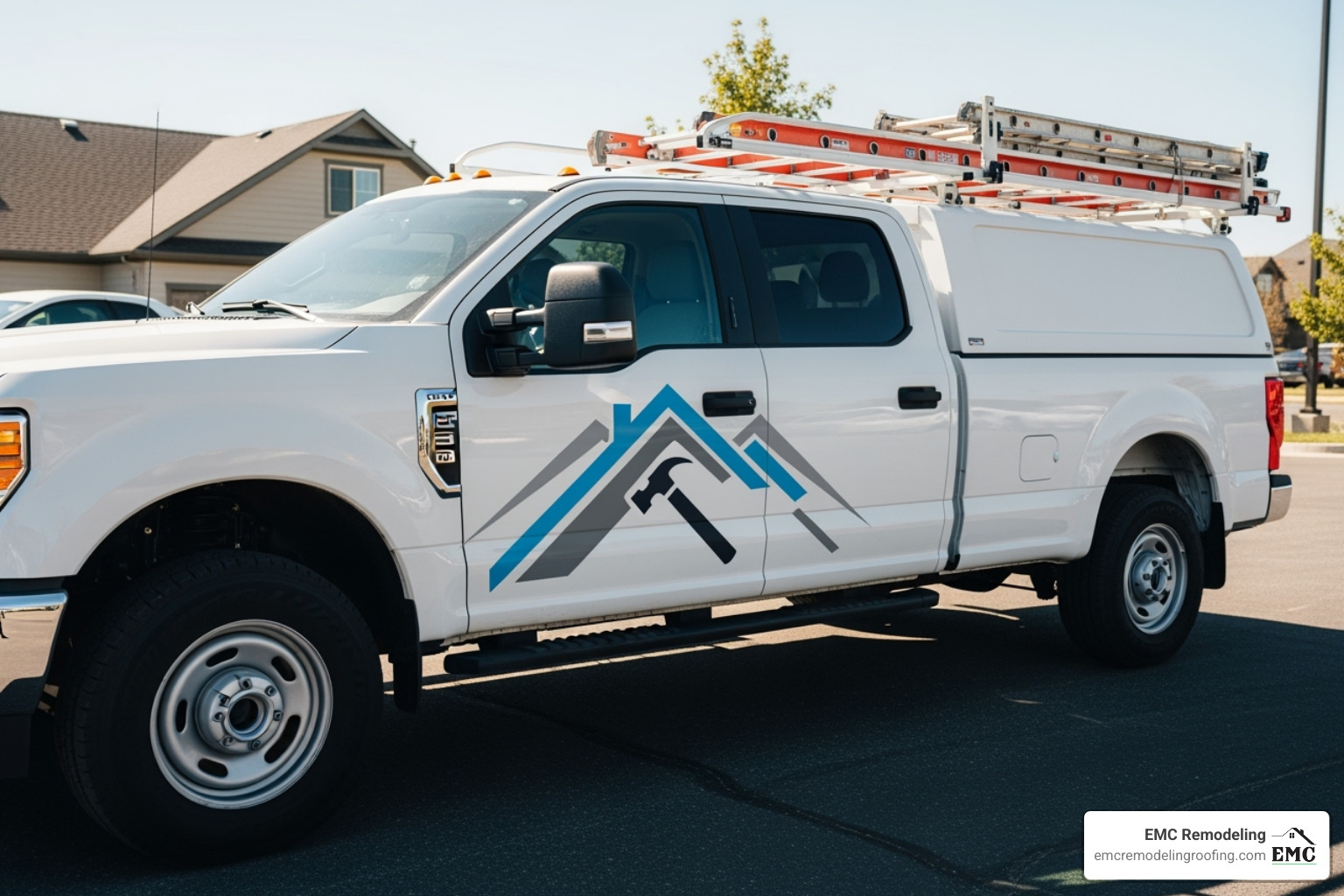clean work truck with a professional roofing company logo - remove solar panels to replace roof