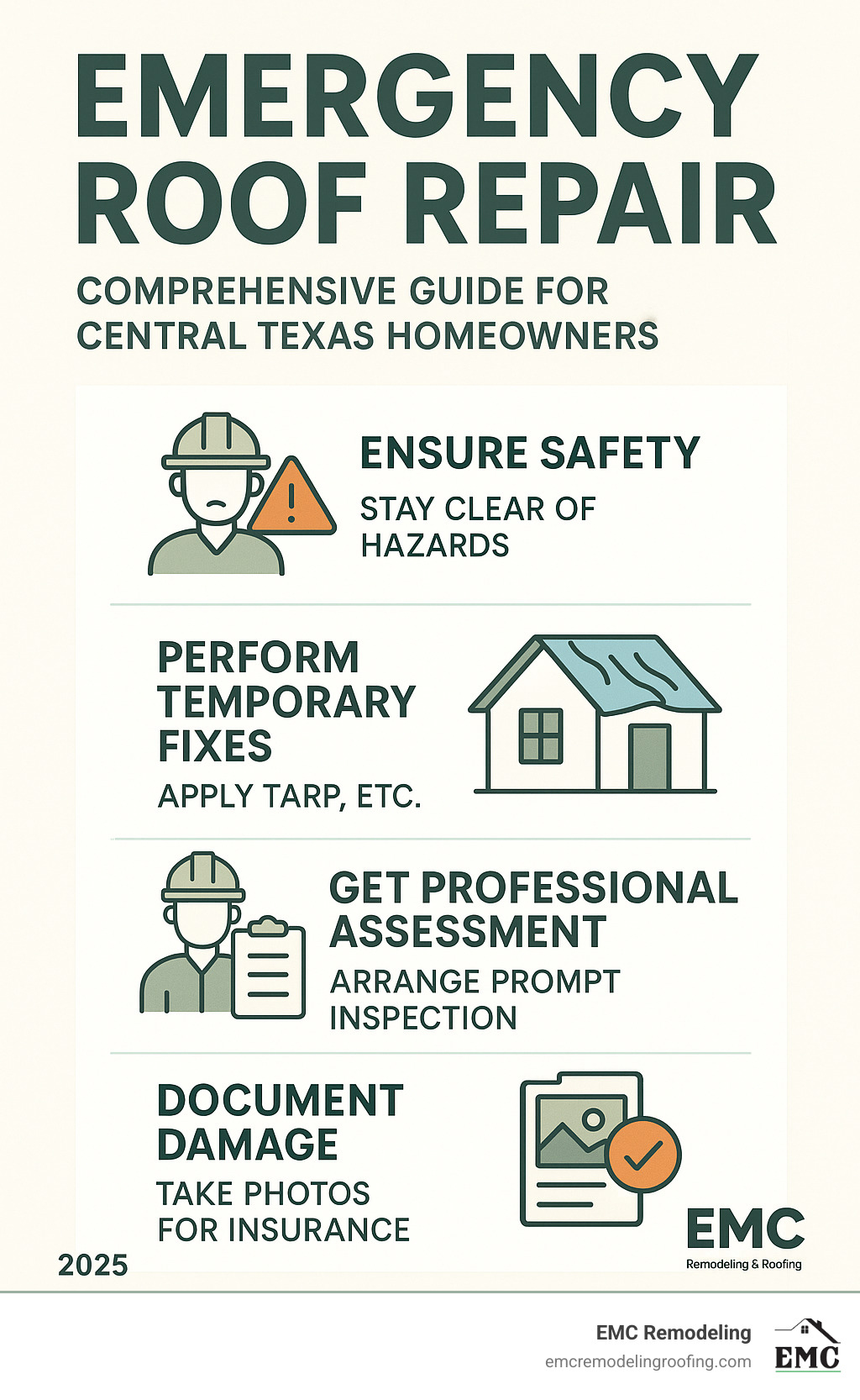 Comprehensive guide to emergency roof repair steps including safety measures, temporary fixes, professional assessment, and insurance documentation for Central Texas homeowners - emergency roof repair infographic 