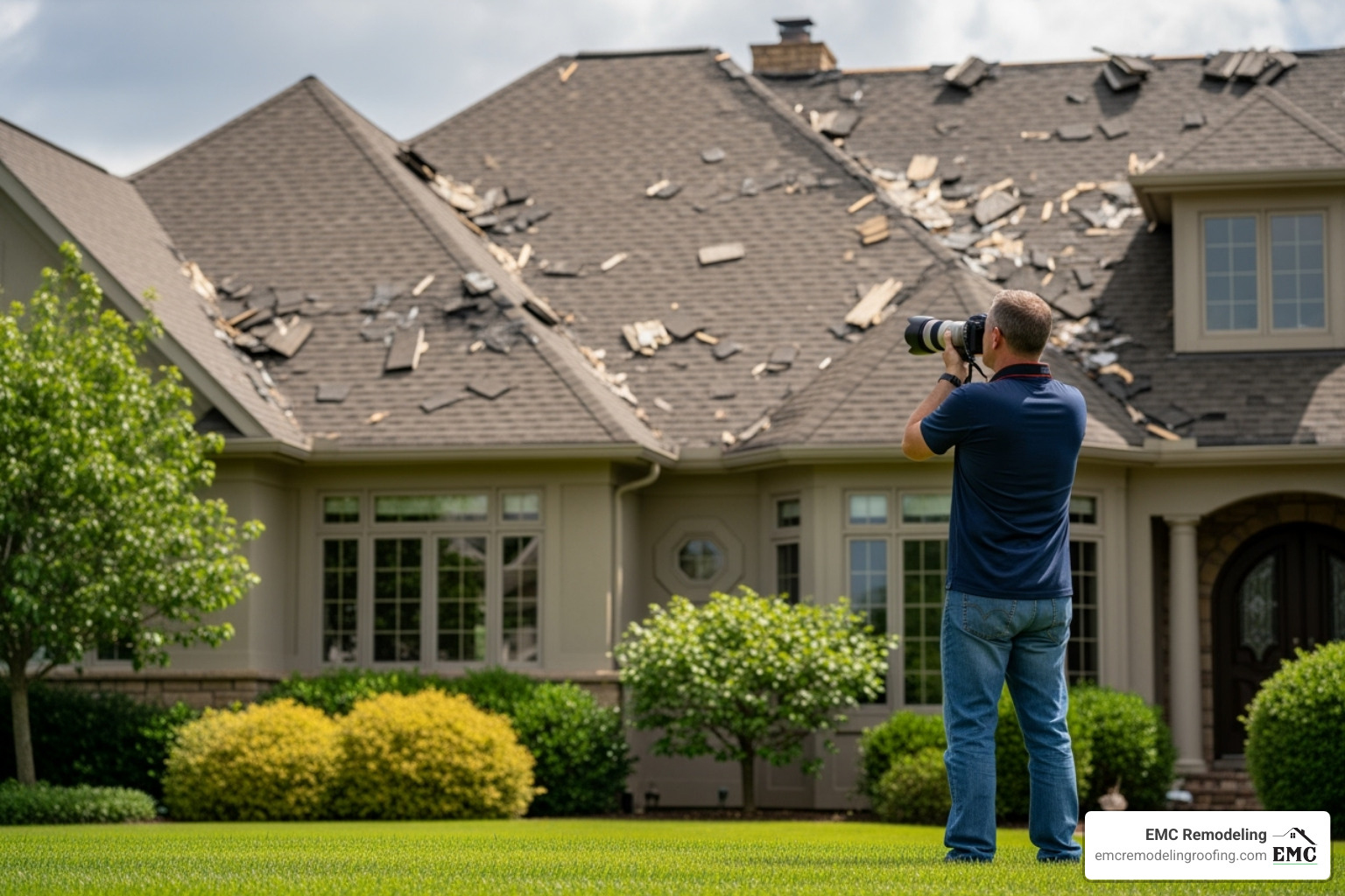 A homeowner safely taking photos of a damaged roof from the ground - storm damage repair
