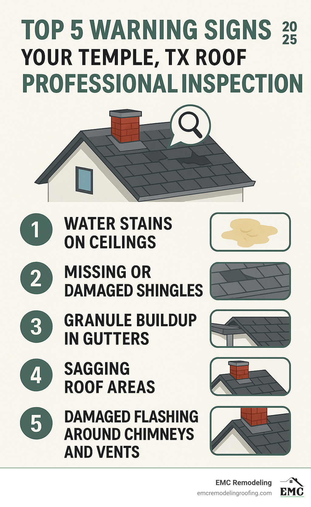 Comprehensive guide showing the top 5 warning signs that indicate a Temple, TX roof needs professional inspection: water stains on ceilings, missing or damaged shingles, granule buildup in gutters, sagging roof areas, and damaged flashing around chimneys and vents - roofer in temple tx infographic 