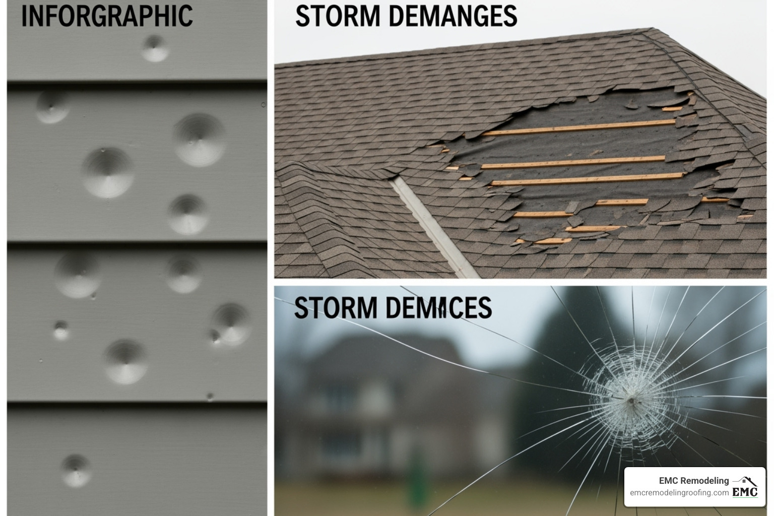 Collage showing hail dents on siding, missing roof shingles, and a cracked window - storm damage repair