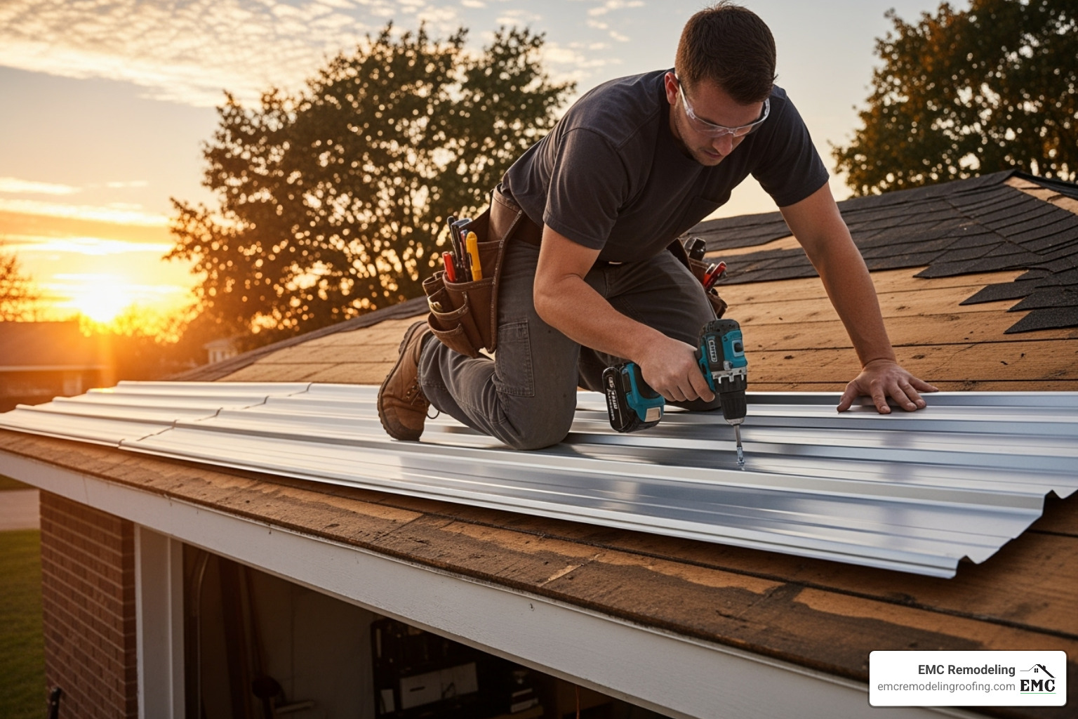 roofer fastening new corrugated sheet - corrugated garage roof replacement
