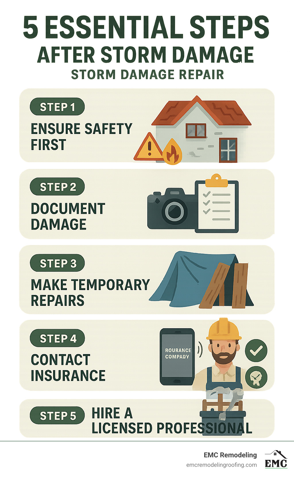 Detailed infographic showing the 5 essential steps after storm damage: Step 1 shows a house with safety symbols indicating to check for downed power lines and gas leaks, Step 2 displays a camera and clipboard representing documentation of damage, Step 3 shows emergency tarps and boards for temporary repairs, Step 4 illustrates a phone with insurance company contact, and Step 5 depicts a professional contractor with tools and certifications - storm damage repair infographic 