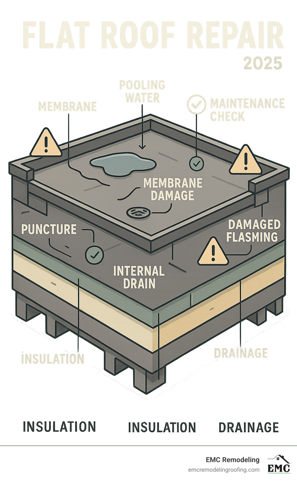 Comprehensive flat roof system diagram showing membrane layers, drainage systems, flashing details, and common problem areas with maintenance checkpoints and repair indicators - flat roof repair infographic 